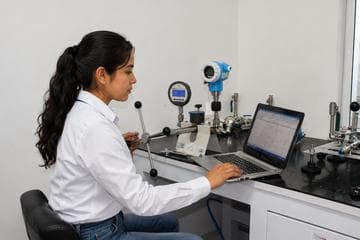 Ingeniera probando instrumentos en el banco de pruebas, con el computador conectado